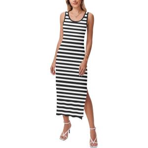 Zeagoo Women’s Spring Summer Casual Dress Bodycon Midi Sleeveless Striped Knit Maternity Tank Sweater Dresses with Side Slit(Black and White Striped)