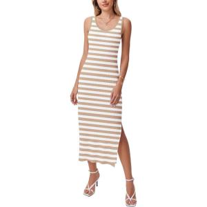 Zeagoo Women’s Spring Summer Casual Dress Bodycon Midi Sleeveless Striped Knit Maternity Tank Sweater Dresses with Side Slit(Brown and White Striped)