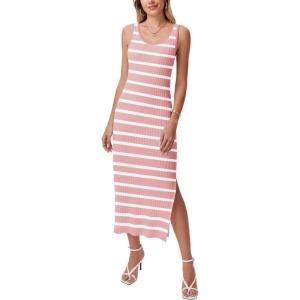 Zeagoo Women’s Spring Summer Casual Dress Bodycon Midi Sleeveless Striped Knit Maternity Tank Sweater Dresses with Side Slit(Pink and White Striped)