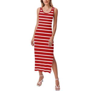 Zeagoo Women’s Spring Summer Casual Dress Bodycon Midi Sleeveless Striped Knit Maternity Tank Sweater Dresses with Side Slit(Red and White Striped)