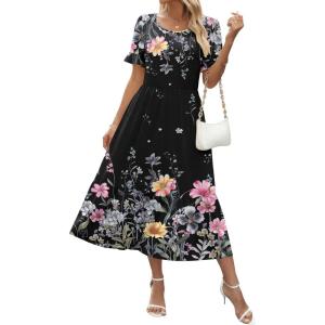 Zeagoo Womens Summer Dresses 2026 Casual Midi Dress Flowy Sundress Ruffle Short Sleeve Tiered Dresses A Line Boho Dress(Black Floral)