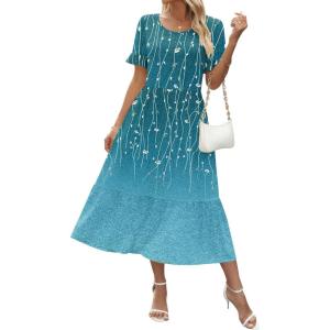 Zeagoo Womens Summer Dresses 2026 Casual Midi Dress Flowy Sundress Ruffle Short Sleeve Tiered Dresses A Line Boho Dress(Blue Green Printed)