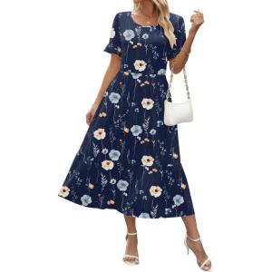 Zeagoo Womens Summer Dresses 2026 Casual Midi Dress Flowy Sundress Ruffle Short Sleeve Tiered Dresses A Line Boho Dress(Navy Floral 01)