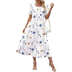 Zeagoo Womens Summer Dresses 2026 Casual Midi Dress Flowy Sundress Ruffle Short Sleeve Tiered Dresses A Line Boho Dress(White Floral)