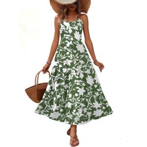 Zeagoo Womens Summer Long Dress Adjustable Spaghetti Strap Floral Casual Dress with Pockets Flowy Tiered Beach Sundress(01 Green Floral)