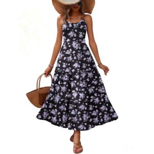 Zeagoo Womens Summer Long Dress Adjustable Spaghetti Strap Floral Casual Dress with Pockets Flowy Tiered Beach Sundress(02 Black Floral)