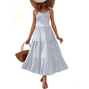 Zeagoo Womens Summer Long Dress Adjustable Spaghetti Strap Floral Casual Dress with Pockets Flowy Tiered Beach Sundress(02 Blue White Floral)
