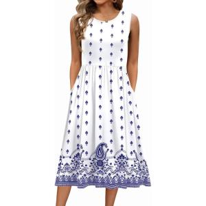 Zeagoo Women’s Summer Tank Midi Dress with Pockets Floral Sleeveless A-Line Casual Loose T-Shirt Dresses Beach Sundress 2026(White Boho Print)