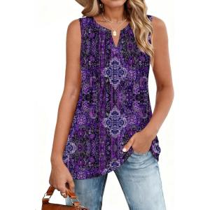 Zeagoo Women’s Summer Tank Tops 2026 Pleated V Neck Floral Loose Fit Casual Flowy Boho Tunic Sleeveless Shirts(Mz907)