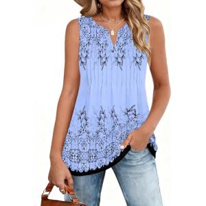 Zeagoo Women’s Summer Tank Tops 2026 Pleated V Neck Floral Loose Fit Casual Flowy Boho Tunic Sleeveless Shirts(Sf166)
