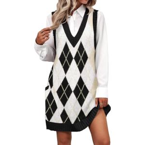 Zeagoo Womens Sweater Vest Dress Pattern Knitted Pullovers Sweaters V Neck Tank Sweater Dress with Pockets(Black Argyle)