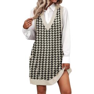 Zeagoo Womens Sweater Vest Dress Pattern Knitted Pullovers Sweaters V Neck Tank Sweater Dress with Pockets(Black Houndstooth)
