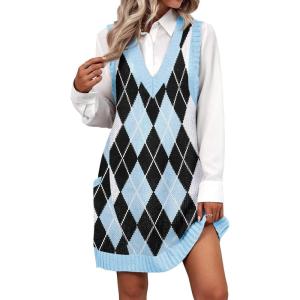 Zeagoo Womens Sweater Vest Dress Pattern Knitted Pullovers Sweaters V Neck Tank Sweater Dress with Pockets(Blue Argyle)