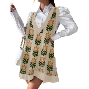 Zeagoo Womens Sweater Vest Dress Pattern Knitted Pullovers Sweaters V Neck Tank Sweater Dress with Pockets(Khaki Flower)