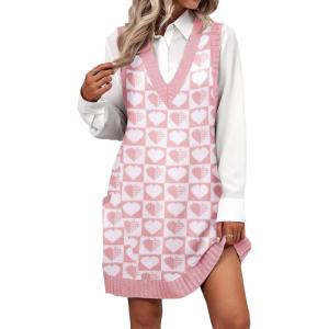 Zeagoo Womens Sweater Vest Dress Pattern Knitted Pullovers Sweaters V Neck Tank Sweater Dress with Pockets(Pink Heart)