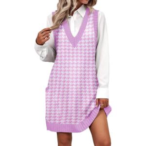 Zeagoo Womens Sweater Vest Dress Pattern Knitted Pullovers Sweaters V Neck Tank Sweater Dress with Pockets(Purple Houndstooth)