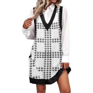 Zeagoo Womens Sweater Vest Dress Pattern Knitted Pullovers Sweaters V Neck Tank Sweater Dress with Pockets(White Plaid)