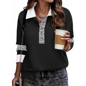 Zeagoo Womens Sweatshirt Henley V Neck Button Down Shirts Color Block Blouses Pullover 2025 Fall Business Casual Outfits(A02-black)