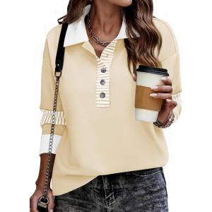 Zeagoo Womens Sweatshirt Henley V Neck Button Down Shirts Color Block Blouses Pullover 2025 Fall Business Casual Outfits(Cream Color)