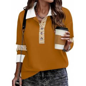 Zeagoo Womens Sweatshirt Henley V Neck Button Down Shirts Color Block Blouses Pullover 2025 Fall Business Casual Outfits(Light Brown)