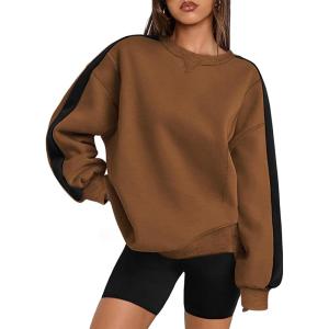 Zeagoo Womens Sweatshirt Long Sleeve Color Block Fleece Hoodies Fall Casual Crewneck Pullover Tunic Tops 2024(Light Brown)