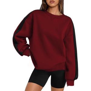 Zeagoo Womens Sweatshirt Long Sleeve Color Block Fleece Hoodies Fall Casual Crewneck Pullover Tunic Tops 2024(Wine Red)