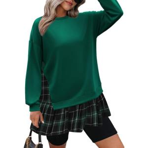 Zeagoo Womens Sweatshirts Plaid Patchwork Crewneck Preppy Long Sleeve Hoodie 2024 Trendy Teen Girls Flowy Pullover Top(Green Plaid)