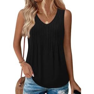 Zeagoo Womens Tank Tops 2026 Sleeveless Pleated V Neck Loose Fit Summer Clothes Flowy Boho Shirts(Black)