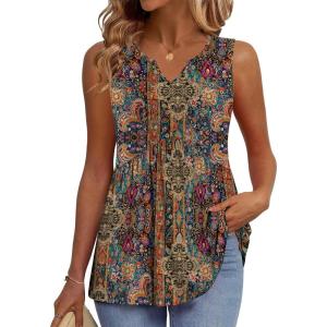 Zeagoo Womens Tank Tops 2026 Sleeveless V Neck Loose Fit Casual Flowy Boho Beach Summer Shirts(Print Mz721)