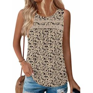 Zeagoo Womens Tank Tops 2026 Summer Pleated Scoop Neck Sleeveless Lace Crochet Boho Tops Dressy Casual Loose Fit Blouses(Beige Black Print)