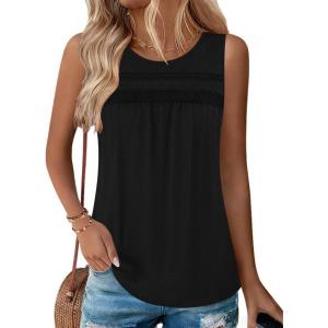 Zeagoo Womens Tank Tops 2026 Summer Pleated Scoop Neck Sleeveless Lace Crochet Boho Tops Dressy Casual Loose Fit Blouses(Black)