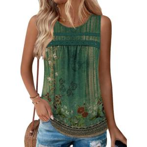Zeagoo Womens Tank Tops 2026 Summer Pleated Scoop Neck Sleeveless Lace Crochet Boho Tops Dressy Casual Loose Fit Blouses(Green Flower)
