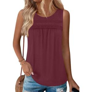 Zeagoo Womens Tank Tops 2026 Summer Pleated Scoop Neck Sleeveless Lace Crochet Boho Tops Dressy Casual Loose Fit Blouses(Wine Red)