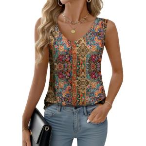 Zeagoo Womens Tank Tops Pleated V Neck Dressy Casual Sleeveless Blouse Textured Summer Business Work Shirts(Mz721 Boho)