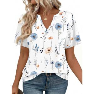 Zeagoo Womens Tops Short Sleeve V Neck Tee Shirts Cute Dressy Casual Clothing Business Work Blouse(A-white Flowers Bf290)