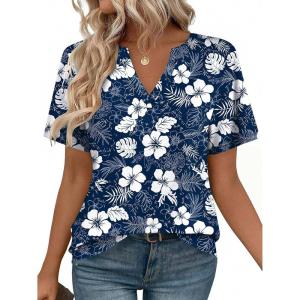 Zeagoo Womens Tops Short Sleeve V Neck Tee Shirts Cute Dressy Casual Clothing Business Work Blouse(Blue Floral Sf157)