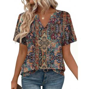 Zeagoo Womens Tops Short Sleeve V Neck Tee Shirts Cute Dressy Casual Clothing Business Work Blouse(Brown Bohemian Mz721)