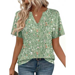 Zeagoo Womens Tops Short Sleeve V Neck Tee Shirts Cute Dressy Casual Clothing Business Work Blouse(Green Flowers Xh534)