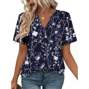 Zeagoo Womens Tops Short Sleeve V Neck Tee Shirts Cute Dressy Casual Clothing Business Work Blouse(Navy Floral Sf180)