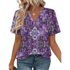 Zeagoo Womens Tops Short Sleeve V Neck Tee Shirts Cute Dressy Casual Clothing Business Work Blouse(Purple Boho Mz907)
