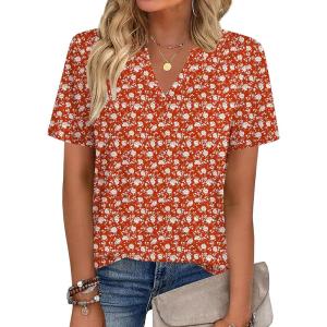Zeagoo Womens Tops Short Sleeve V Neck Tee Shirts Cute Dressy Casual Clothing Business Work Blouse(Red Flower Sf230)
