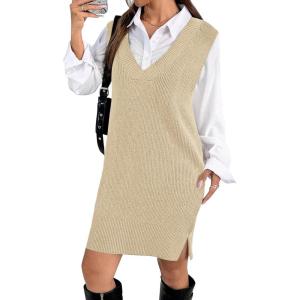 Zeagoo Women’s V Neck Sweater Vest Dress Oversized Sleeveless Casual Pullover Sweater Fall Winter Knit Slit Short Dress(Apricot)