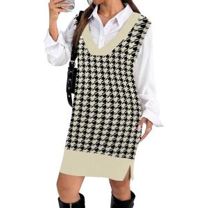 Zeagoo Women’s V Neck Sweater Vest Dress Oversized Sleeveless Casual Pullover Sweater Fall Winter Knit Slit Short Dress(Apricot Houndstooth)