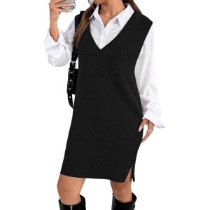 Zeagoo Women’s V Neck Sweater Vest Dress Oversized Sleeveless Casual Pullover Sweater Fall Winter Knit Slit Short Dress(Black)