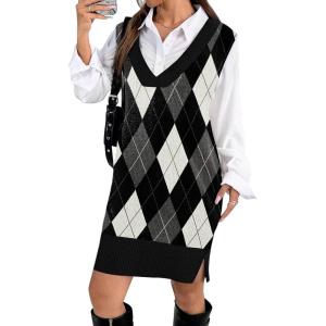 Zeagoo Women’s V Neck Sweater Vest Dress Oversized Sleeveless Casual Pullover Sweater Fall Winter Knit Slit Short Dress(Black Diamond)