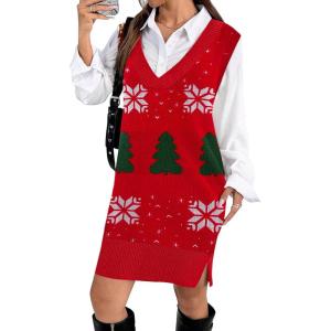 Zeagoo Women’s V Neck Sweater Vest Dress Oversized Sleeveless Casual Pullover Sweater Fall Winter Knit Slit Short Dress(Christmas)
