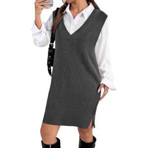 Zeagoo Women’s V Neck Sweater Vest Dress Oversized Sleeveless Casual Pullover Sweater Fall Winter Knit Slit Short Dress(Dark Grey)