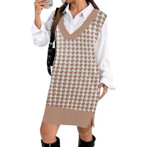 Zeagoo Women’s V Neck Sweater Vest Dress Oversized Sleeveless Casual Pullover Sweater Fall Winter Knit Slit Short Dress(Khaki Houndstooth)