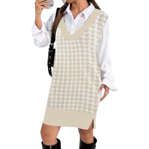 Zeagoo Women’s V Neck Sweater Vest Dress Oversized Sleeveless Casual Pullover Sweater Fall Winter Knit Slit Short Dress(Light Khaki Houndstooth)