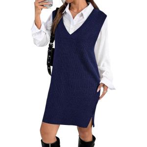 Zeagoo Women’s V Neck Sweater Vest Dress Oversized Sleeveless Casual Pullover Sweater Fall Winter Knit Slit Short Dress(Navy Blue)